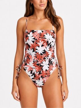 Volcom Check Mate Reversible Side Tie One Piece Swimsuit Floral Checkerboard XL